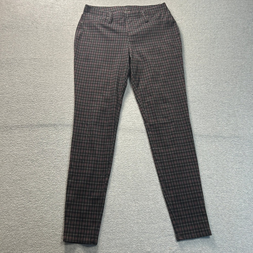 Faded Glory Skinny Pull On Pants Womens M Plaid Stretch Black Burgundy Jeggings